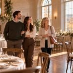 An engaged couple and an older woman touring an elegant reception room with tall windows and floral table settings.