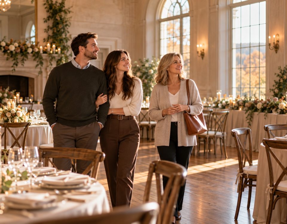 An engaged couple and an older woman touring an elegant reception room with tall windows and floral table settings.